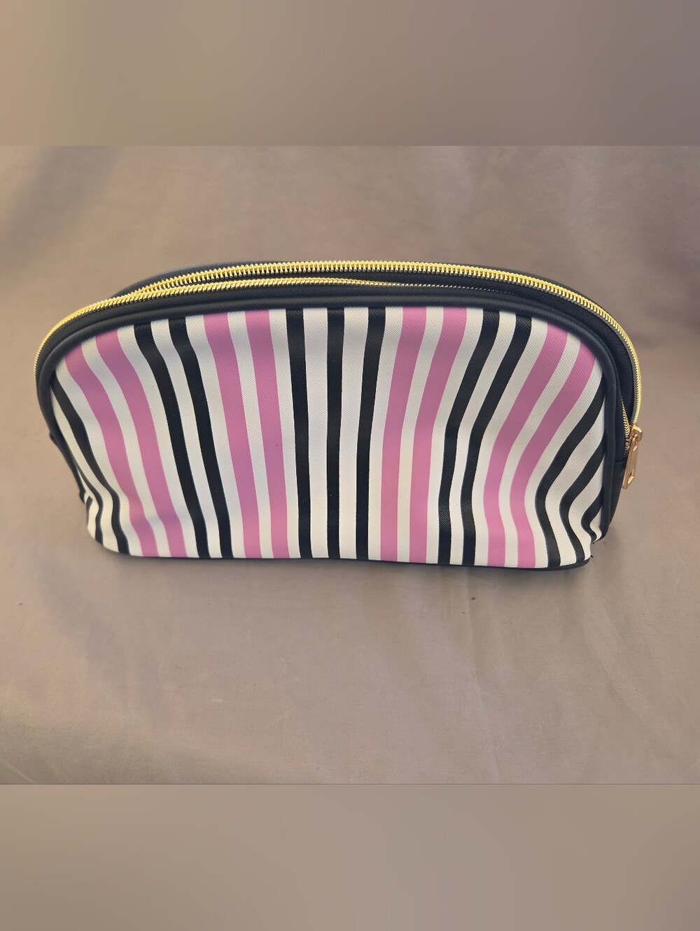 Striped Pink and Black Travel Cosmetic Bag with Gold Zip
